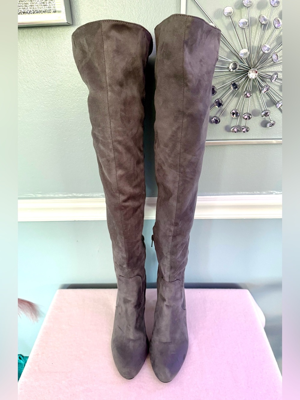 Over-the-Knee Suede Boots in Charcoal Gray